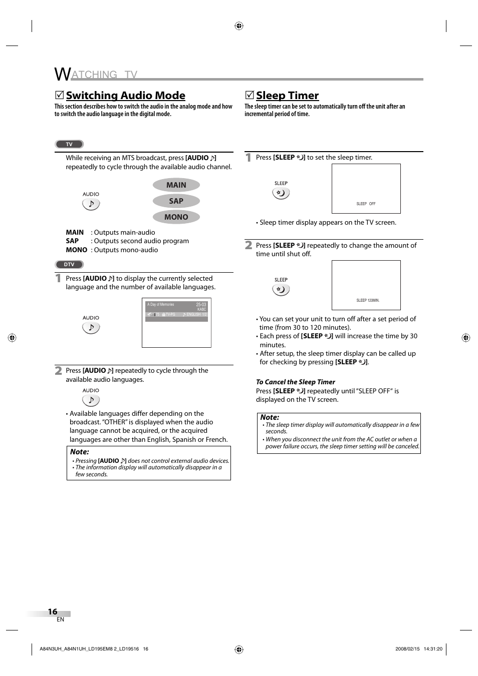 Atching tv, Switching audio mode, 5sleep timer | Emerson LD195EM8 7 User Manual | Page 16 / 96