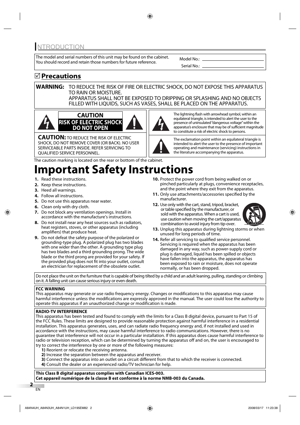 Important safety instructions, Ntroduction, Precautions 5 | Caution, Caution risk of electric shock do not open | Emerson LD195EM8 7 User Manual | Page 2 / 96