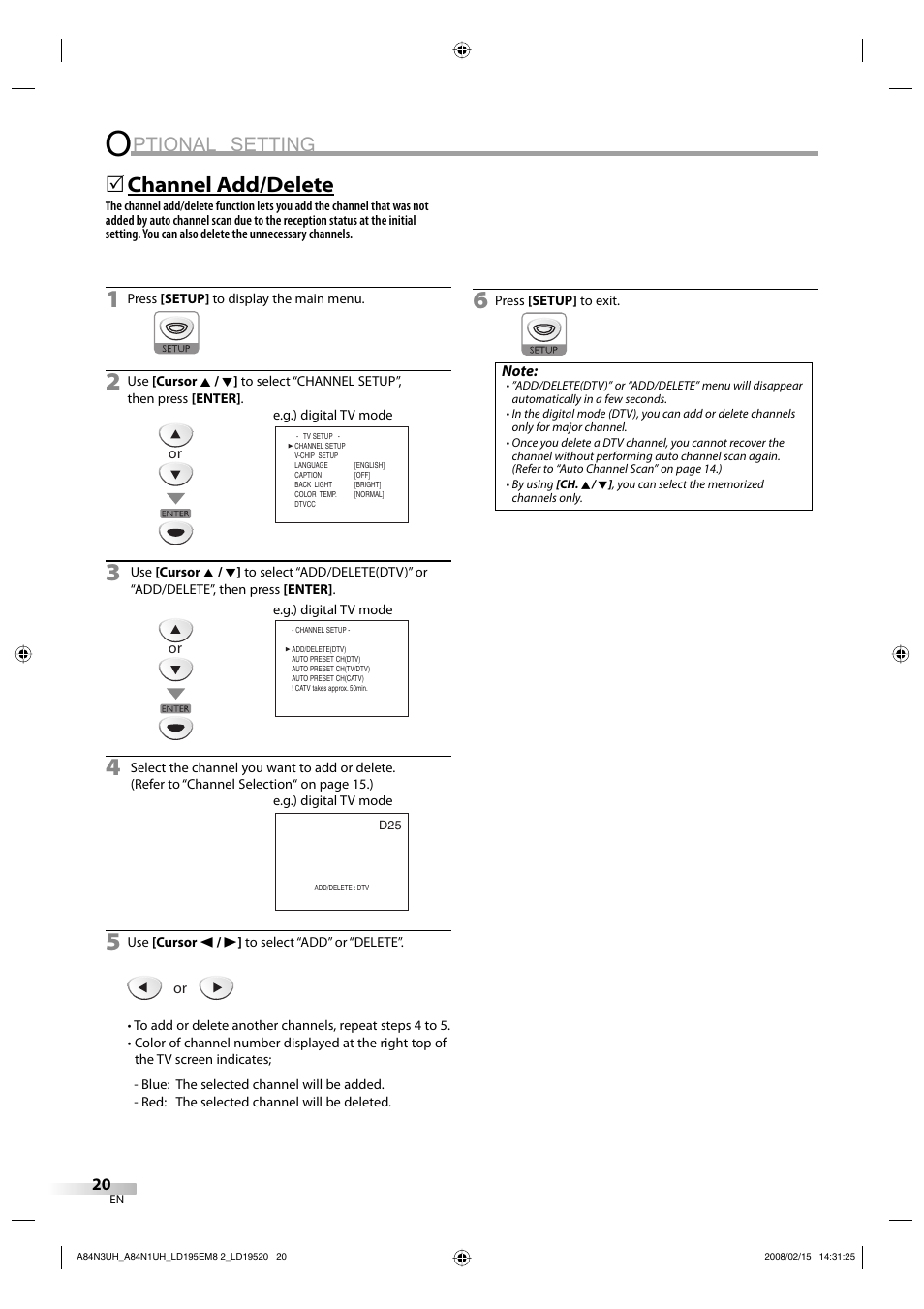 Ptional setting, Channel add/delete | Emerson LD195EM8 7 User Manual | Page 20 / 96