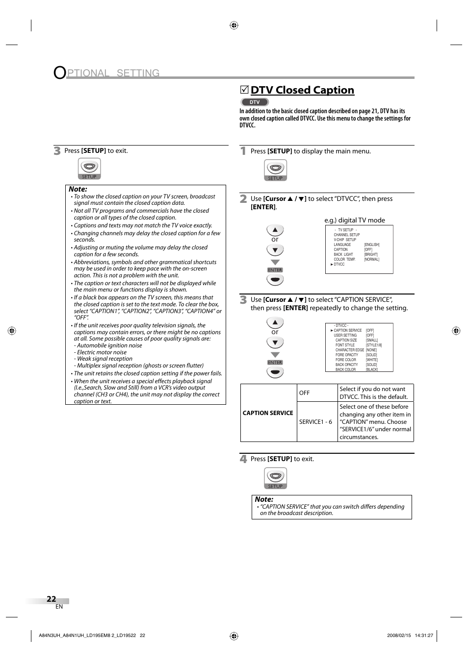 Ptional setting, Dtv closed caption | Emerson LD195EM8 7 User Manual | Page 22 / 96