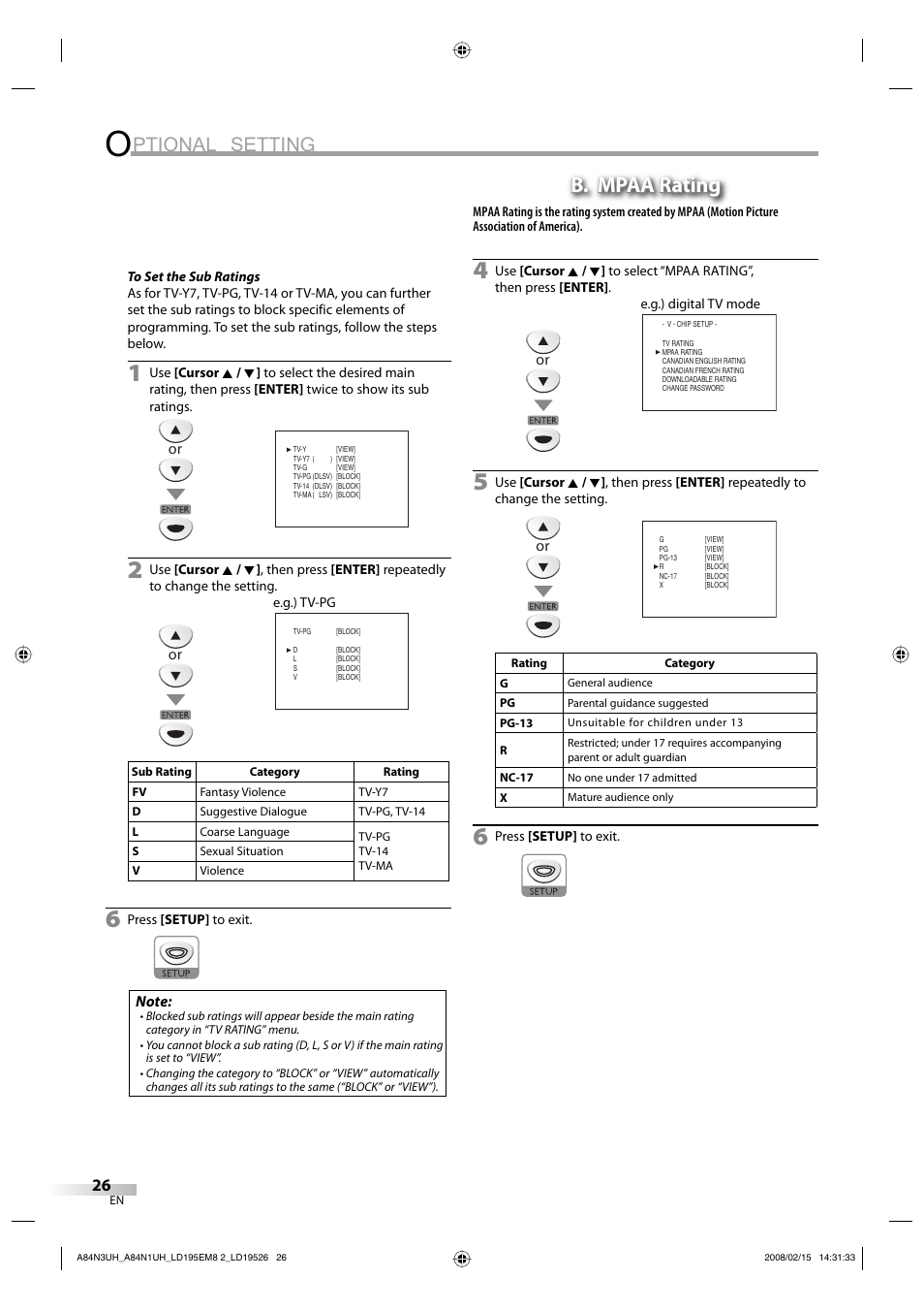 Ptional setting, B. mpaa rating | Emerson LD195EM8 7 User Manual | Page 26 / 96