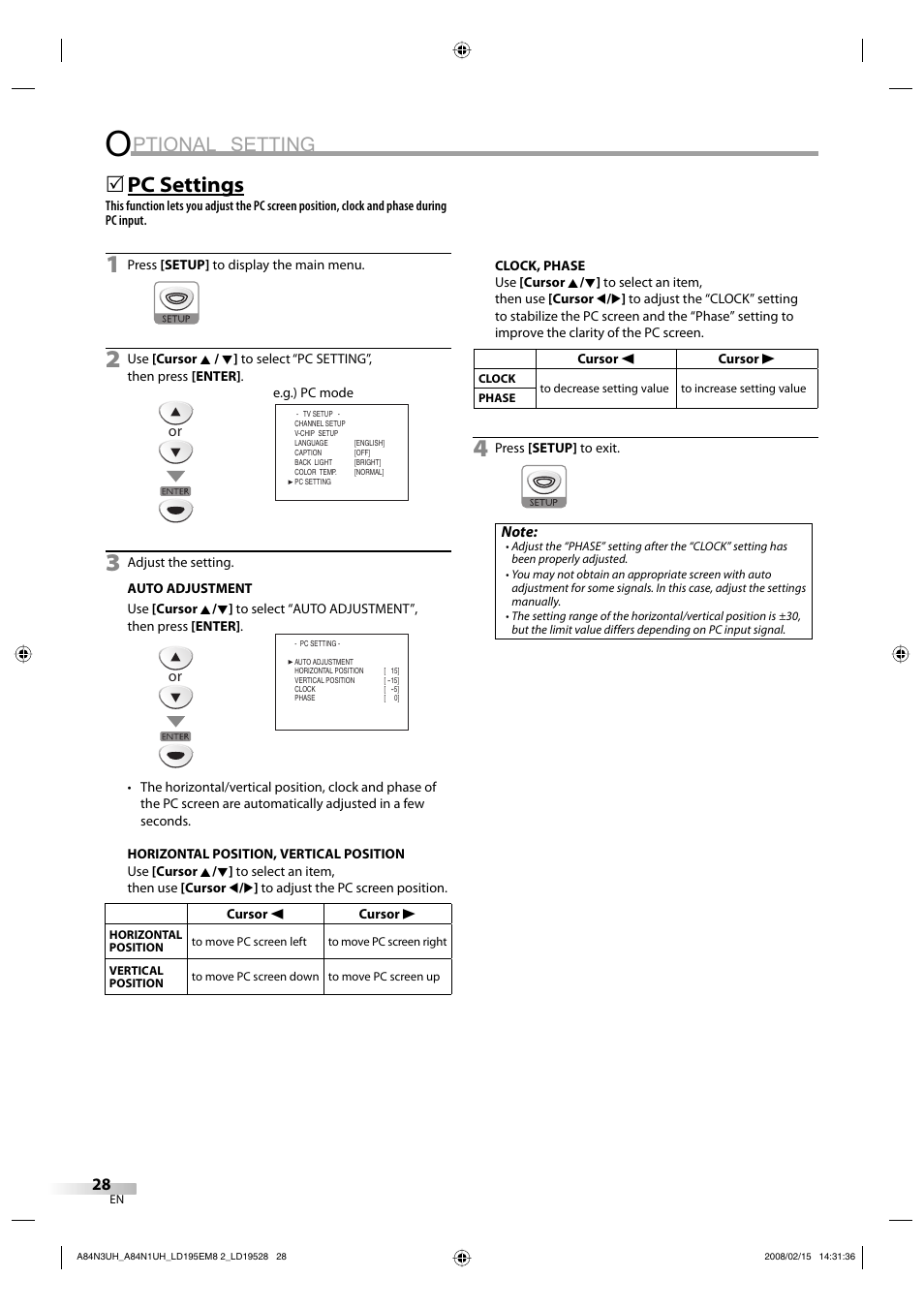Ptional setting, Pc settings | Emerson LD195EM8 7 User Manual | Page 28 / 96