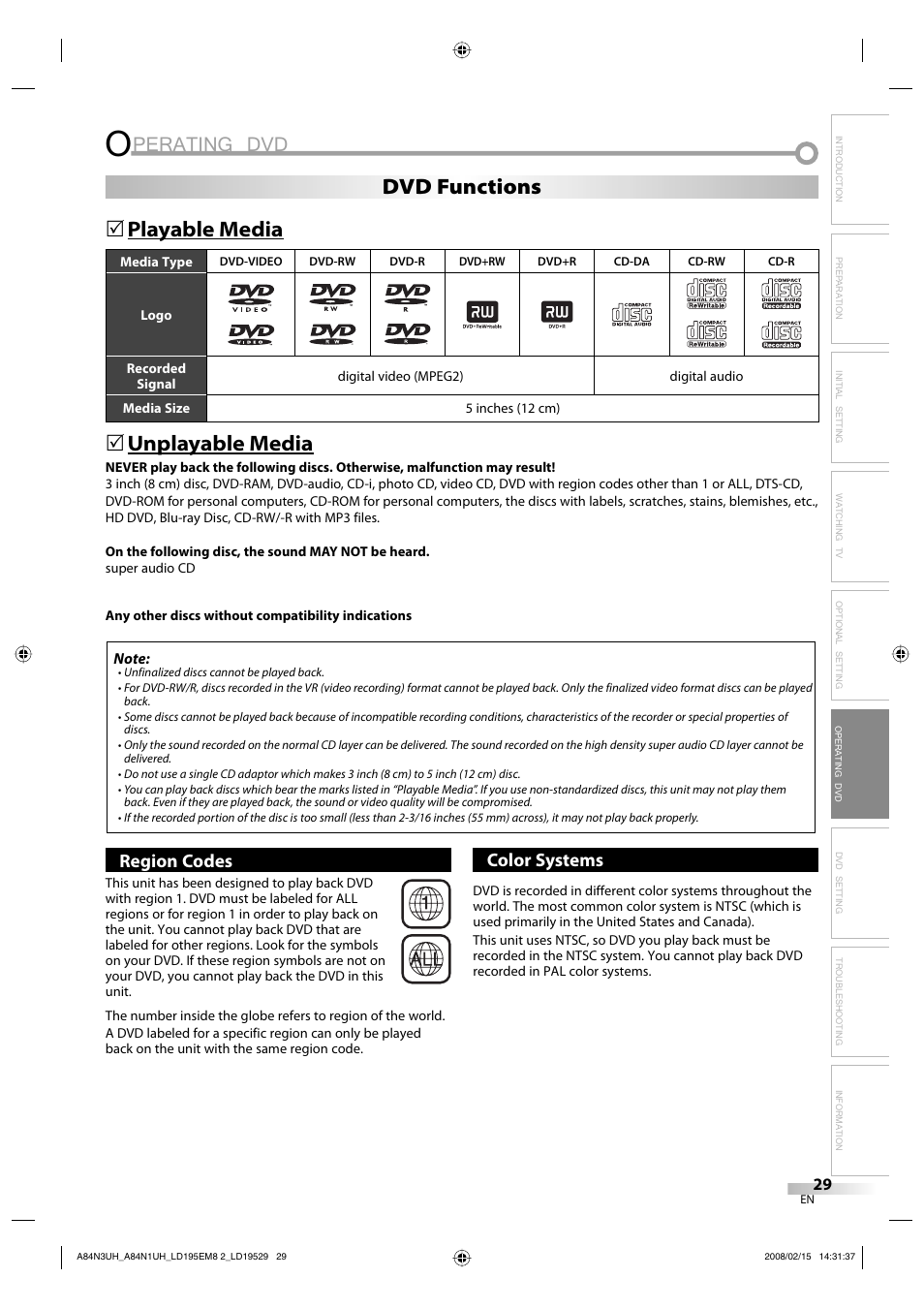 Perating dvd, Playable media, Unplayable media | 5dvd functions, Region codes, Color systems | Emerson LD195EM8 7 User Manual | Page 29 / 96