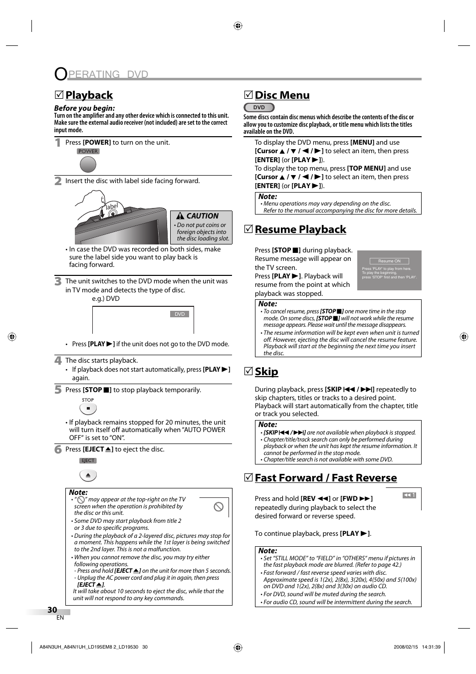 Perating dvd, Playback, Disc menu | Resume playback, Skip, Fast forward / fast reverse | Emerson LD195EM8 7 User Manual | Page 30 / 96