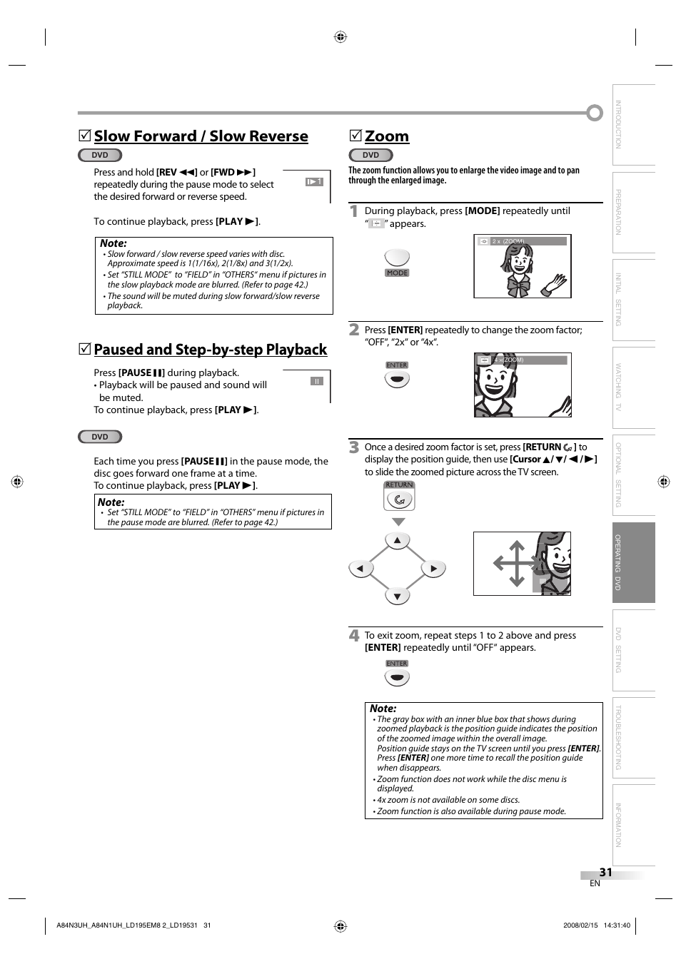 Slow forward / slow reverse, Paused and step-by-step playback, 5zoom | Emerson LD195EM8 7 User Manual | Page 31 / 96