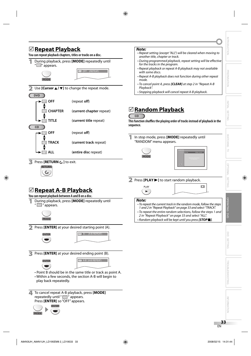 Repeat playback, Repeat a-b playback, Random playback | Emerson LD195EM8 7 User Manual | Page 33 / 96