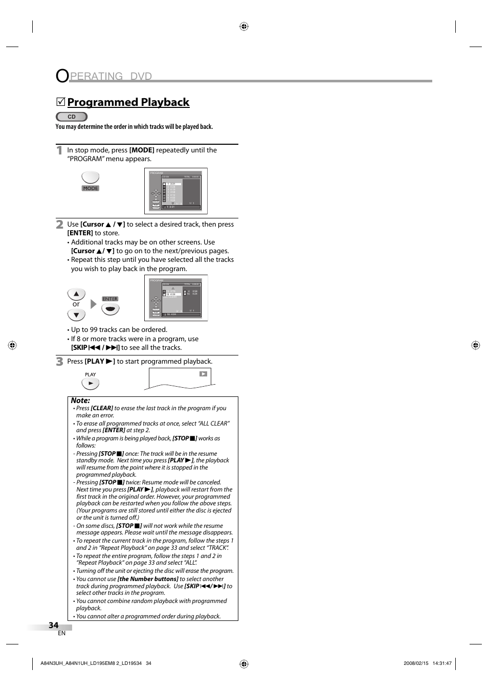 Perating dvd, Programmed playback, Press [play b ] to start programmed playback | Emerson LD195EM8 7 User Manual | Page 34 / 96