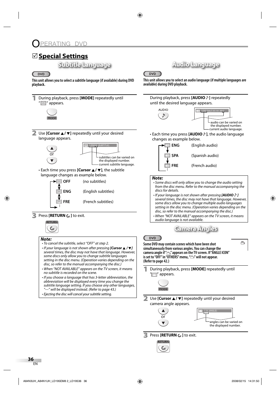 Perating dvd, 5audio language audio language, Camera angles | Emerson LD195EM8 7 User Manual | Page 36 / 96