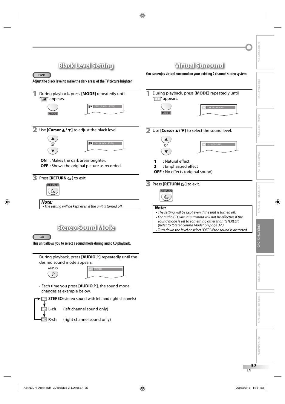 Black level setting, Stereo sound mode, Virtual surround | Emerson LD195EM8 7 User Manual | Page 37 / 96