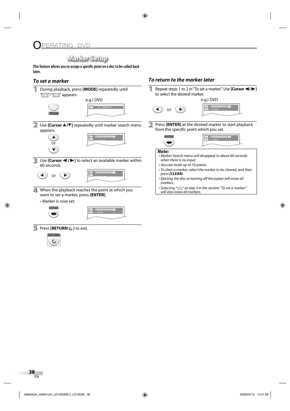 Perating dvd, Marker setup | Emerson LD195EM8 7 User Manual | Page 38 / 96