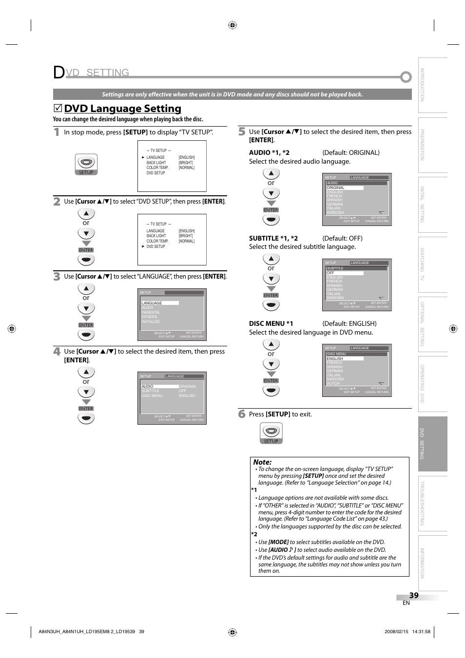 Vd setting, Dvd language setting | Emerson LD195EM8 7 User Manual | Page 39 / 96