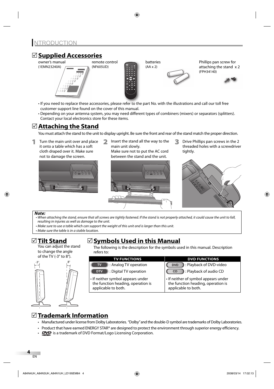 Ntroduction, Supplied accessories 5, Symbols used in this manual | 5tilt stand, 5trademark information, Attaching the stand | Emerson LD195EM8 7 User Manual | Page 4 / 96