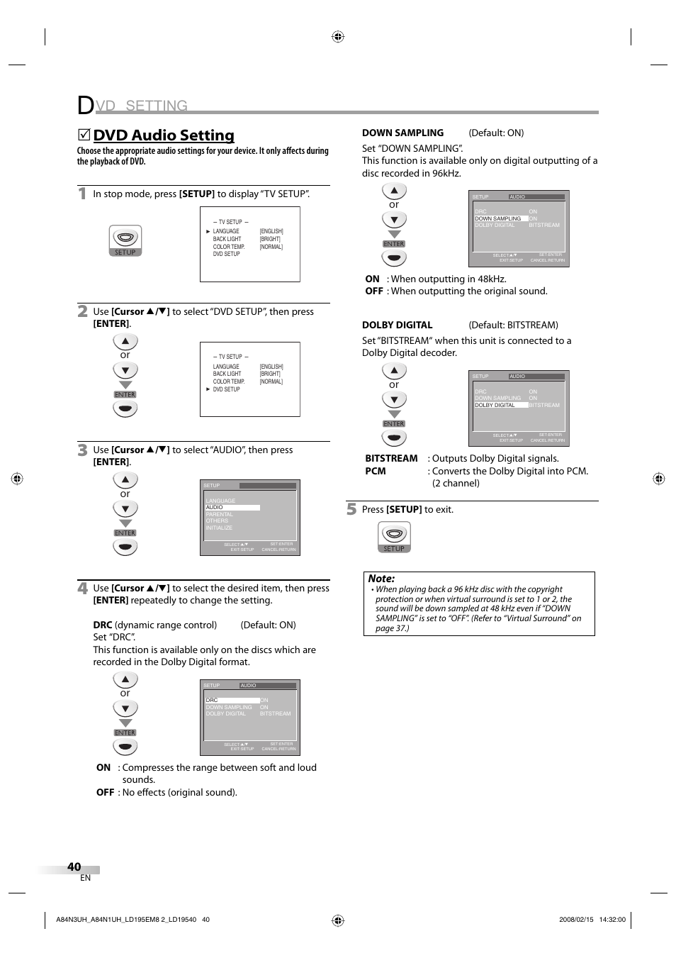 Vd setting, Dvd audio setting | Emerson LD195EM8 7 User Manual | Page 40 / 96
