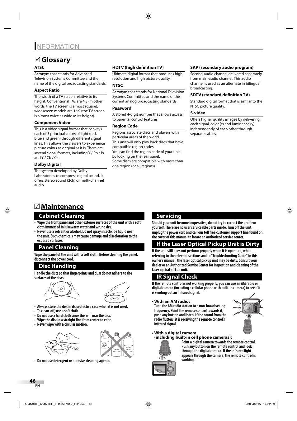 Nformation, Glossary 5, Maintenance 5 | Cabinet cleaning, Panel cleaning, Disc handling, Servicing, If the laser optical pickup unit is dirty, Ir signal check | Emerson LD195EM8 7 User Manual | Page 46 / 96