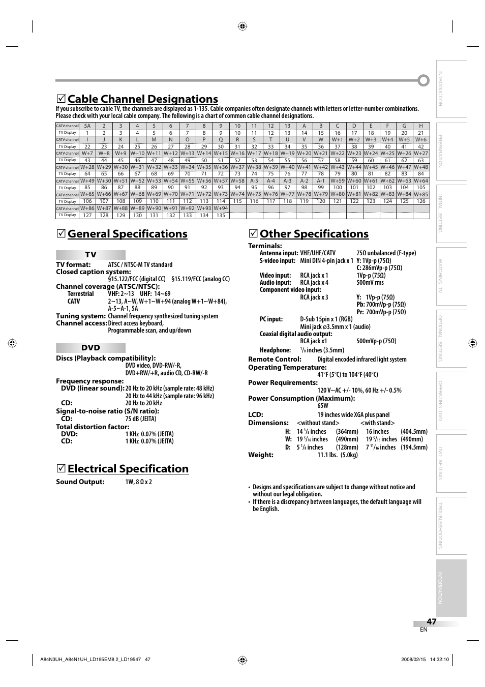 Electrical specification, 5other specifications | Emerson LD195EM8 7 User Manual | Page 47 / 96