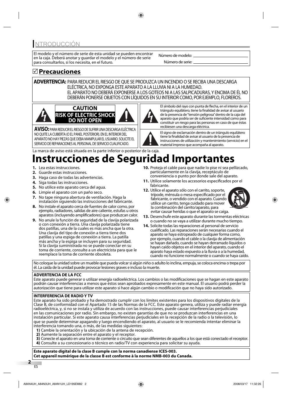 Instrucciones de seguridad importantes, Ntroducción, Precauciones 5 | Aviso, Caution risk of electric shock do not open | Emerson LD195EM8 7 User Manual | Page 50 / 96