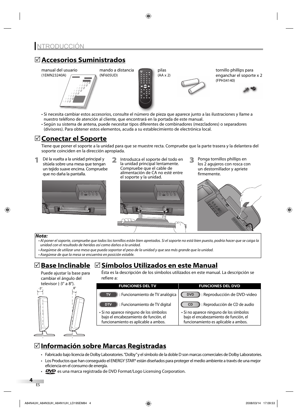 Ntroducción, Accesorios suministrados 5, Conectar el soporte | Símbolos utilizados en este manual, 5base inclinable, 5información sobre marcas registradas | Emerson LD195EM8 7 User Manual | Page 52 / 96