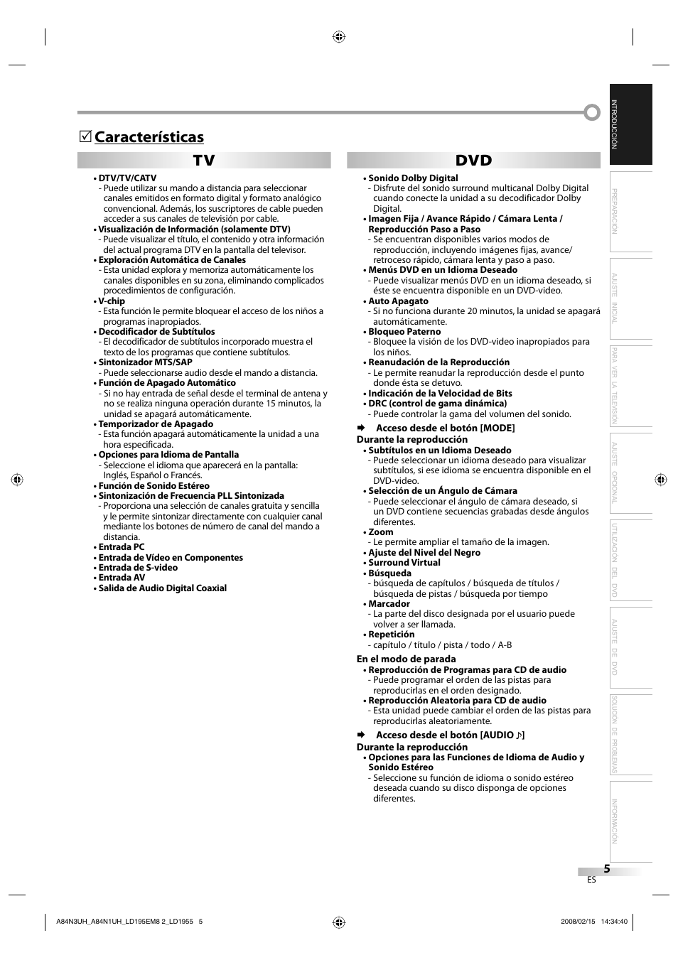 Características 5, Tv dvd | Emerson LD195EM8 7 User Manual | Page 53 / 96