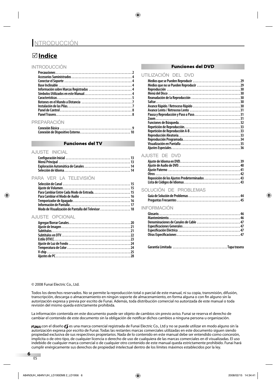 Ntroducción, Introducción, Preparación | Ajuste inicial, Para ver la televisión, Ajuste opcional, Utilización del dvd, Ajuste de dvd, Solución de problemas, Información | Emerson LD195EM8 7 User Manual | Page 54 / 96