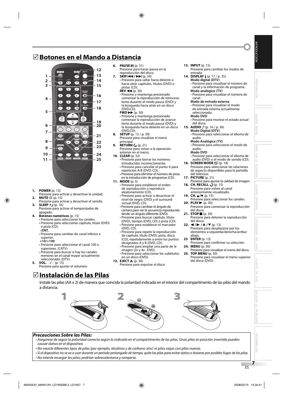 Precauciones sobre las pilas | Emerson LD195EM8 7 User Manual | Page 55 / 96