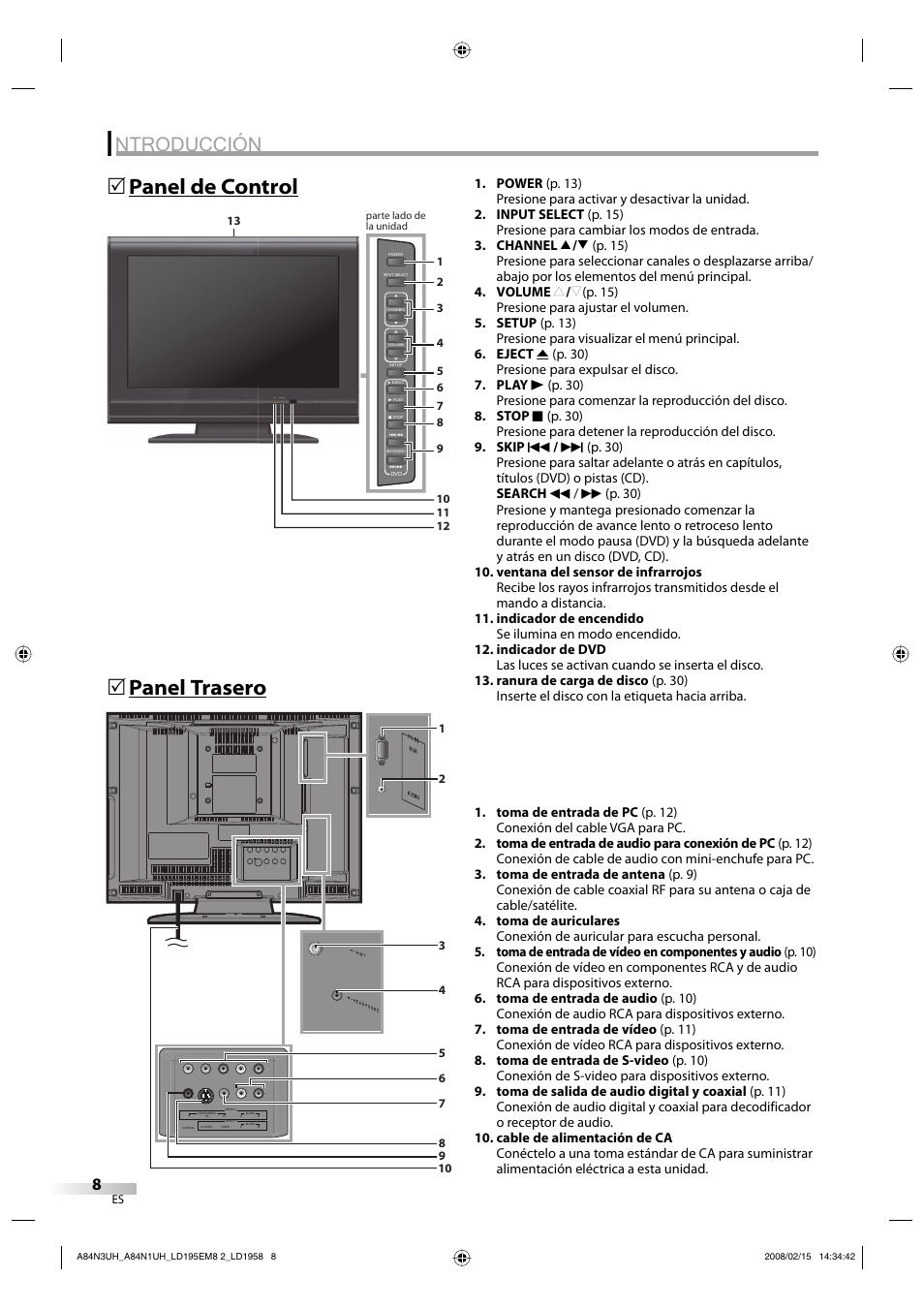 Ntroducción, Panel de control 5 panel trasero 5 | Emerson LD195EM8 7 User Manual | Page 56 / 96