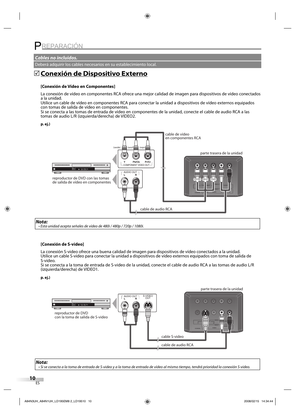 Reparación, Conexión de dispositivo externo, Nota | Cables no incluidos | Emerson LD195EM8 7 User Manual | Page 58 / 96