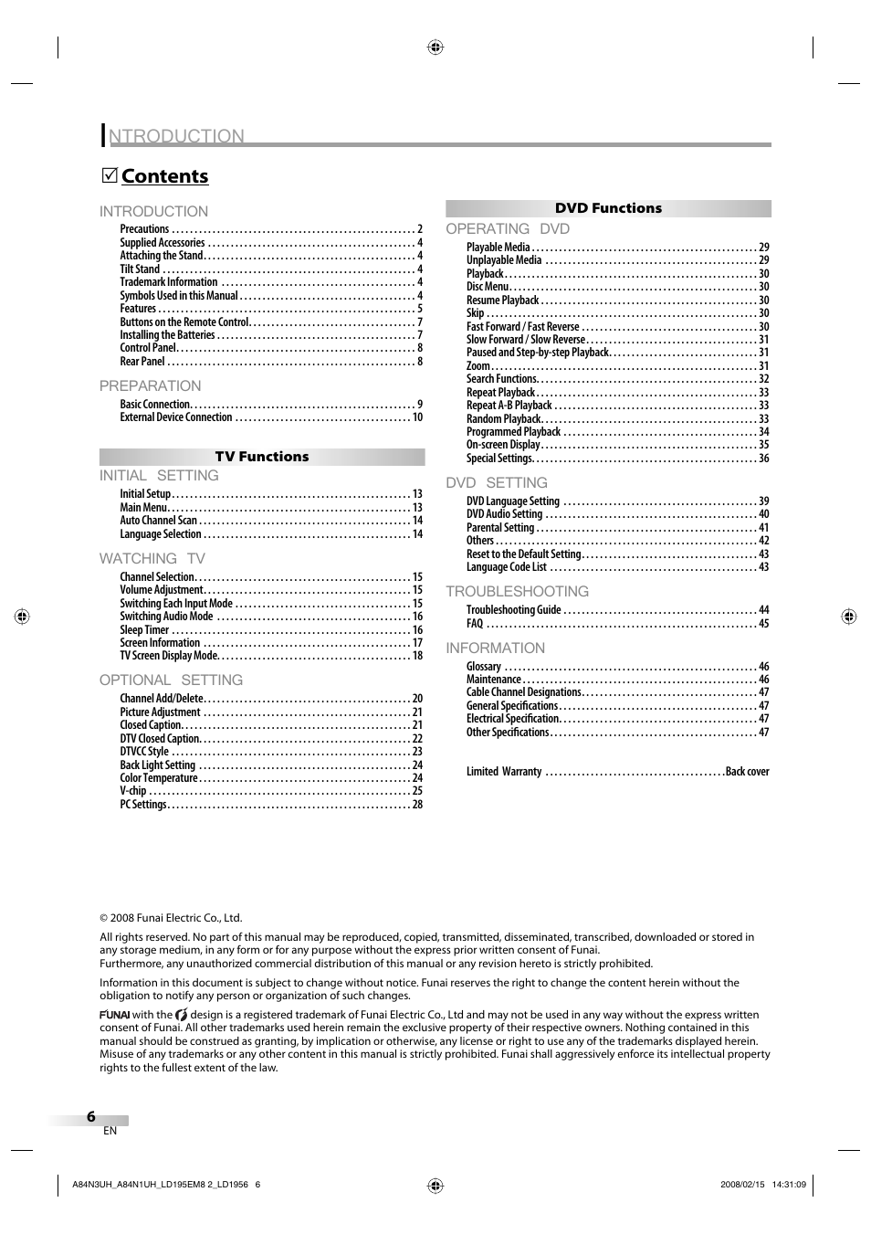 Ntroduction, Introduction, Preparation | Initial setting, Watching tv, Optional setting, Operating dvd, Dvd setting, Troubleshooting, Information | Emerson LD195EM8 7 User Manual | Page 6 / 96