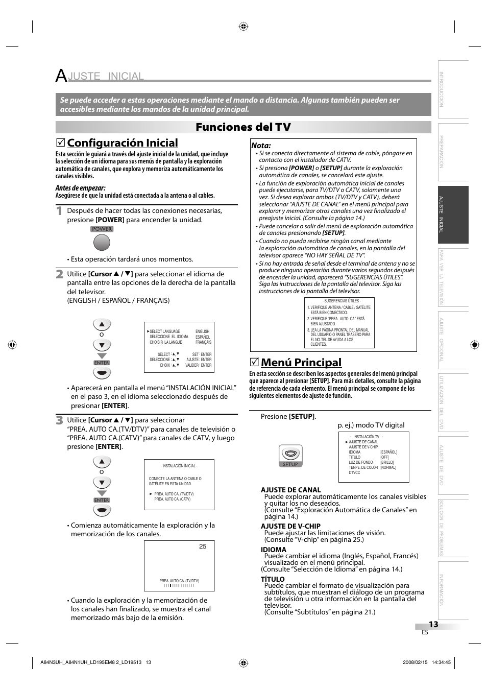 Juste inicial, Configuración inicial, Menú principal | Funciones del tv | Emerson LD195EM8 7 User Manual | Page 61 / 96
