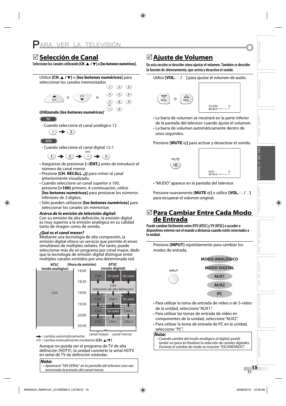 Ara ver la televisión, Selección de canal, 5ajuste de volumen | Para cambiar entre cada modo de entrada | Emerson LD195EM8 7 User Manual | Page 63 / 96