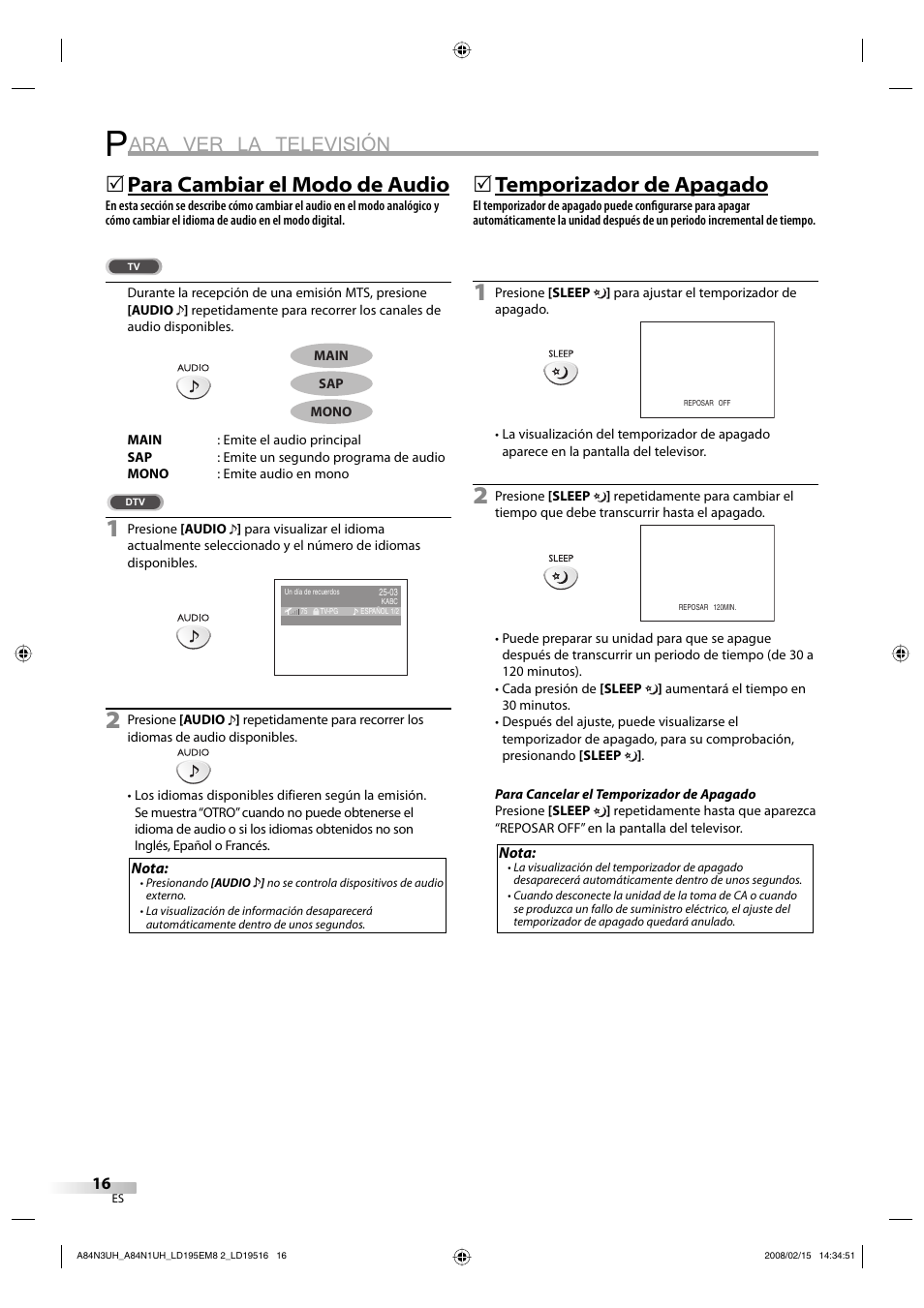 Ara ver la televisión, Para cambiar el modo de audio, 5temporizador de apagado | Emerson LD195EM8 7 User Manual | Page 64 / 96