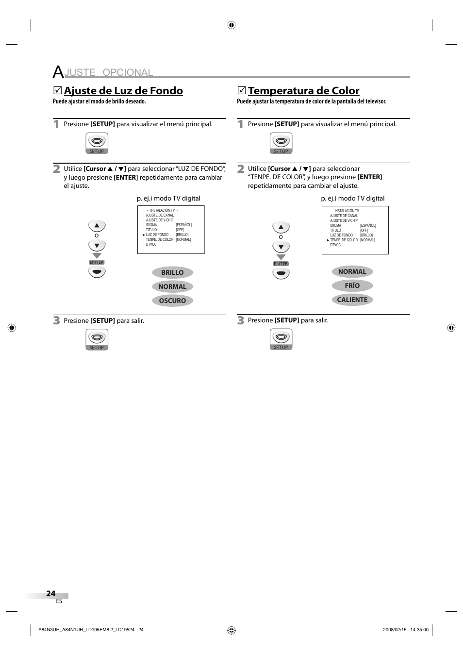 Juste opcional, Ajuste de luz de fondo, 5temperatura de color | Emerson LD195EM8 7 User Manual | Page 72 / 96