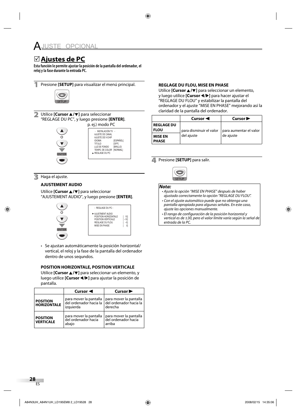 Juste opcional, Ajustes de pc | Emerson LD195EM8 7 User Manual | Page 76 / 96