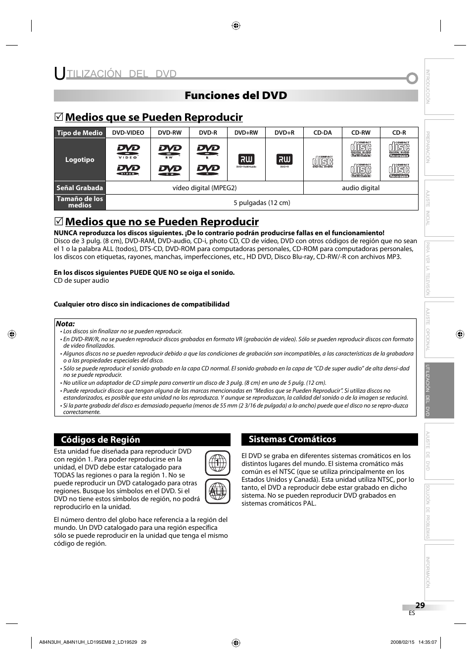 Tilización del dvd, Funciones del dvd medios que se pueden reproducir, Medios que no se pueden reproducir | Códigos de región, Sistemas cromáticos | Emerson LD195EM8 7 User Manual | Page 77 / 96