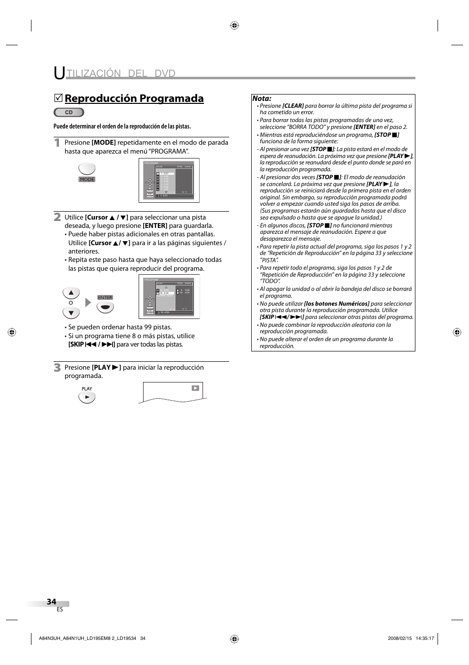 Tilización del dvd, Reproducción programada, Nota | Emerson LD195EM8 7 User Manual | Page 82 / 96