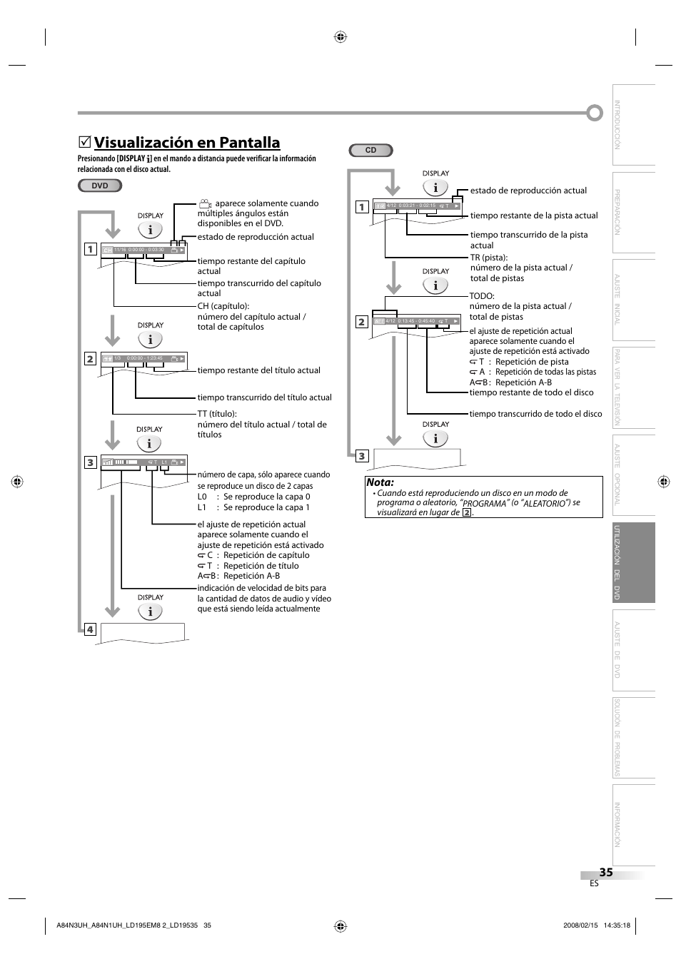 Visualización en pantalla, Nota | Emerson LD195EM8 7 User Manual | Page 83 / 96