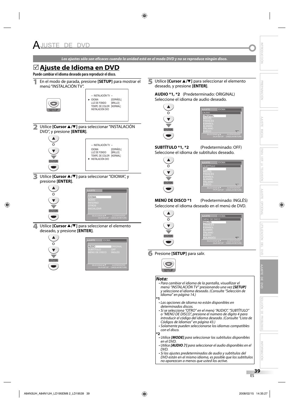 Juste de dvd, Ajuste de idioma en dvd, Nota | Emerson LD195EM8 7 User Manual | Page 87 / 96