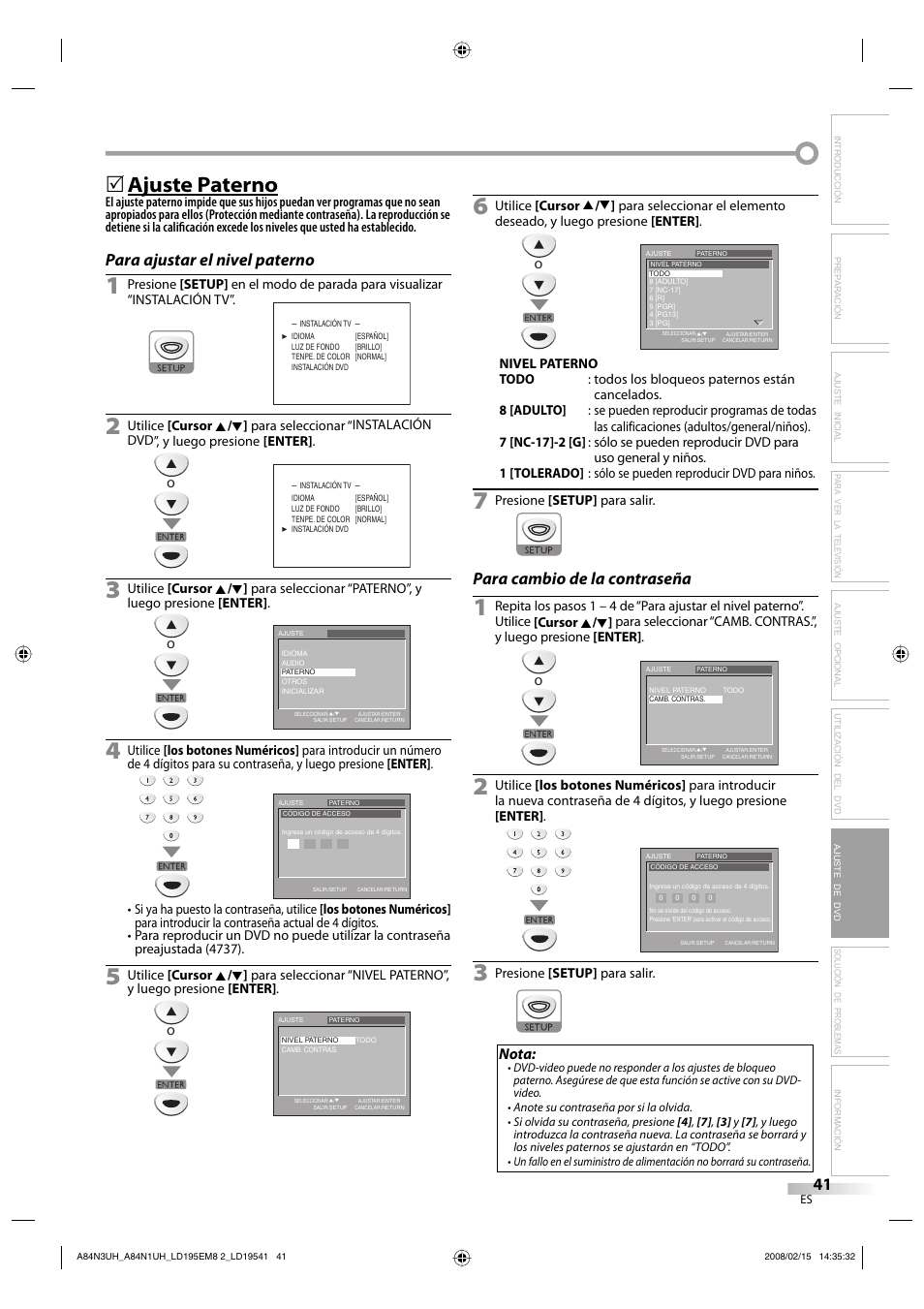 Ajuste paterno, Para ajustar el nivel paterno, Para cambio de la contraseña | Nota | Emerson LD195EM8 7 User Manual | Page 89 / 96