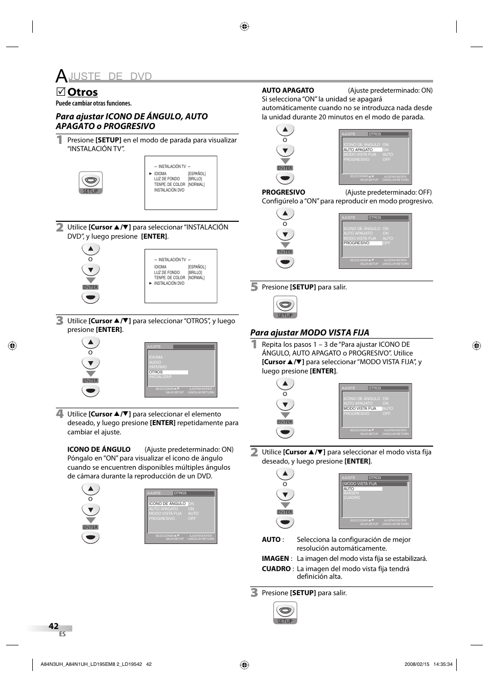 Juste de dvd, Otros, Para ajustar modo vista fija | Puede cambiar otras funciones, Presione [setup] para salir | Emerson LD195EM8 7 User Manual | Page 90 / 96