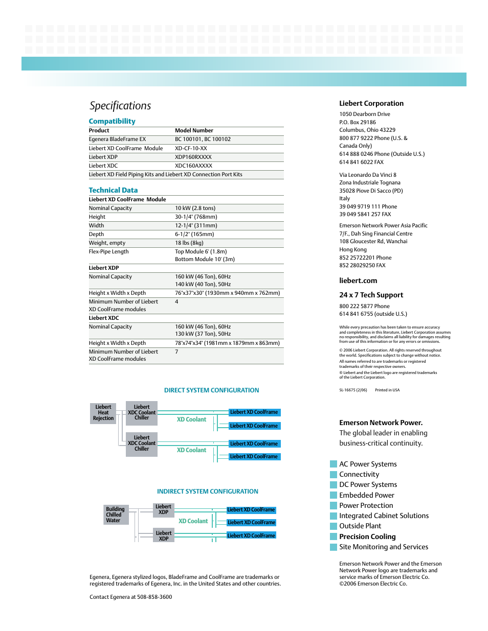 Specifications, Liebert corporation, Compatibility | Technical data | Emerson Liebert XD CoolFrame User Manual | Page 4 / 4