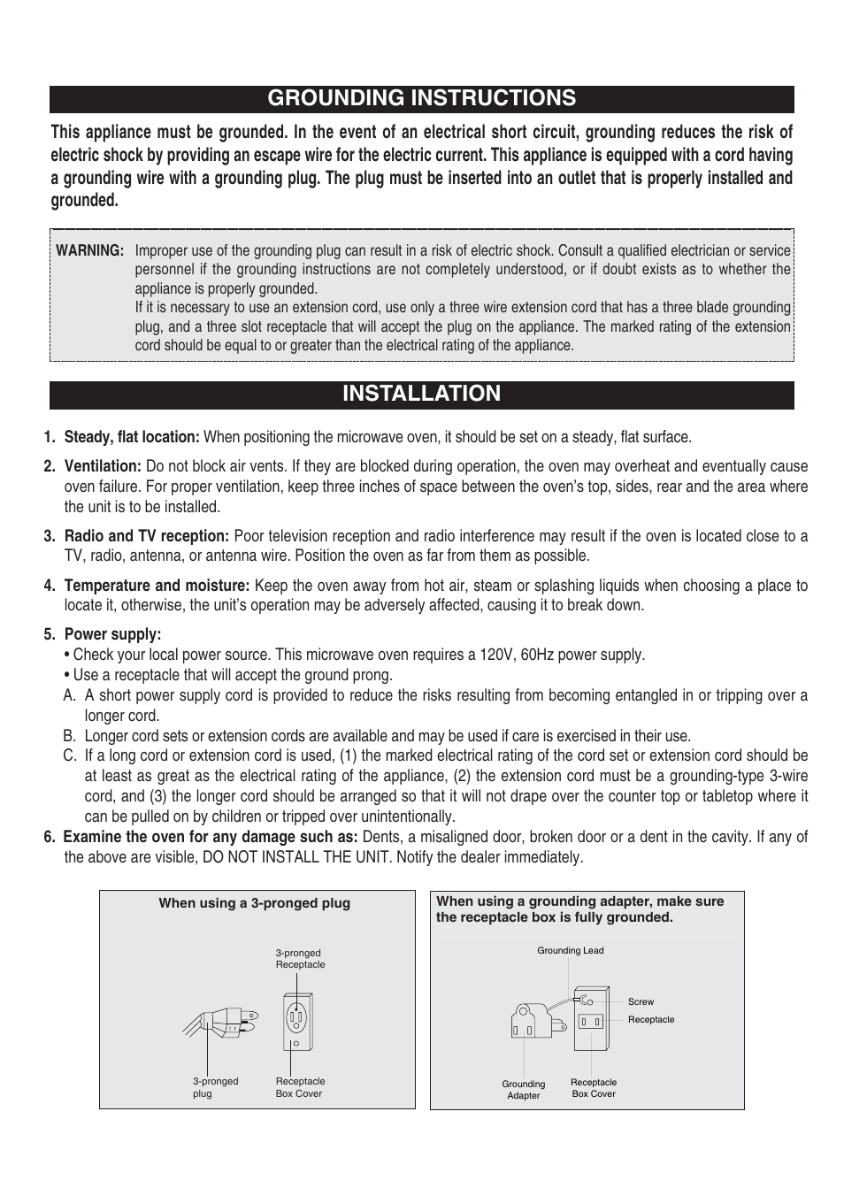 Grounding instructions installation | Emerson MW8992SB User Manual | Page 6 / 30
