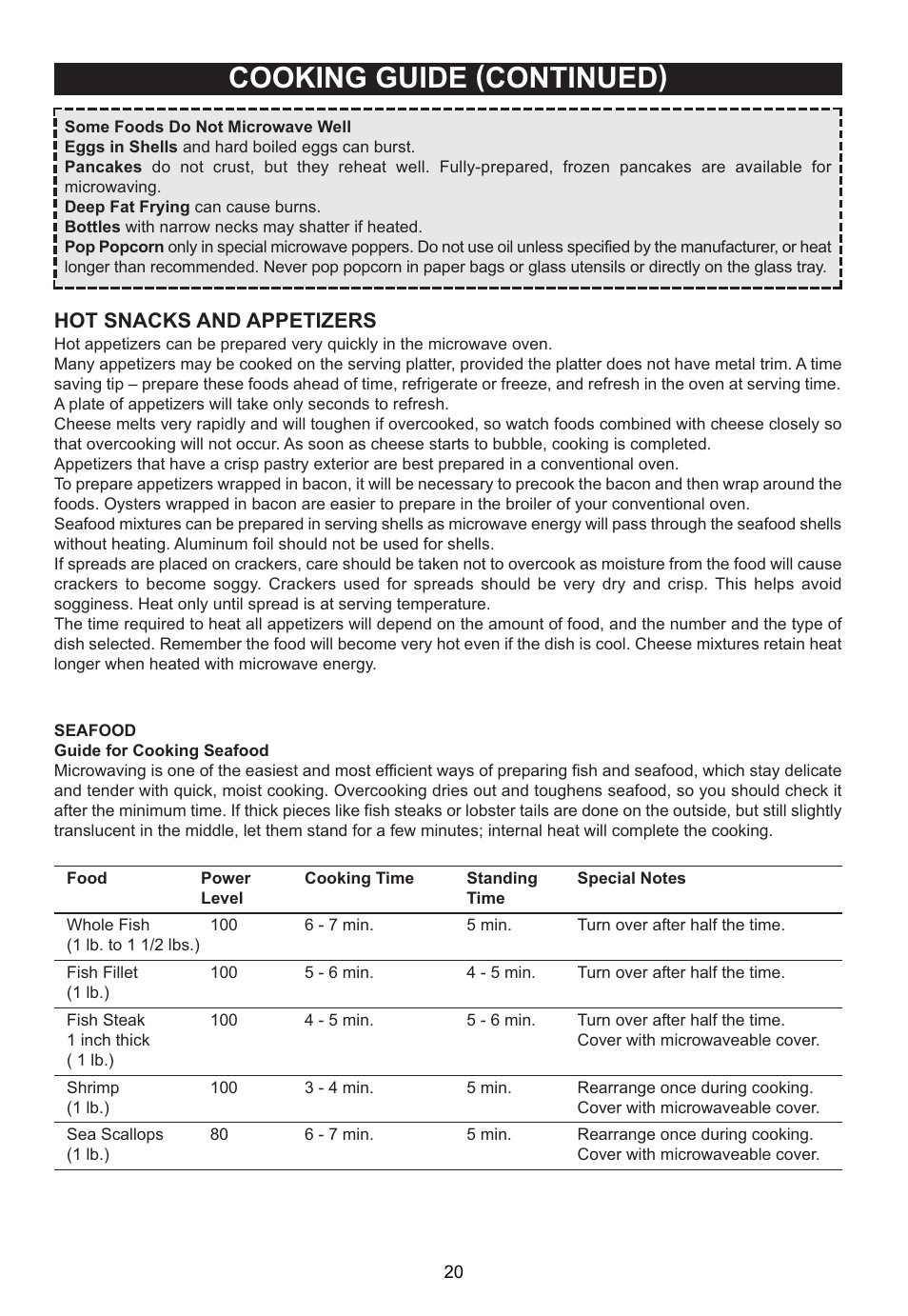 Cooking guide (continued), Hot snacks and appetizers | Emerson MWG9115SL User Manual | Page 21 / 30