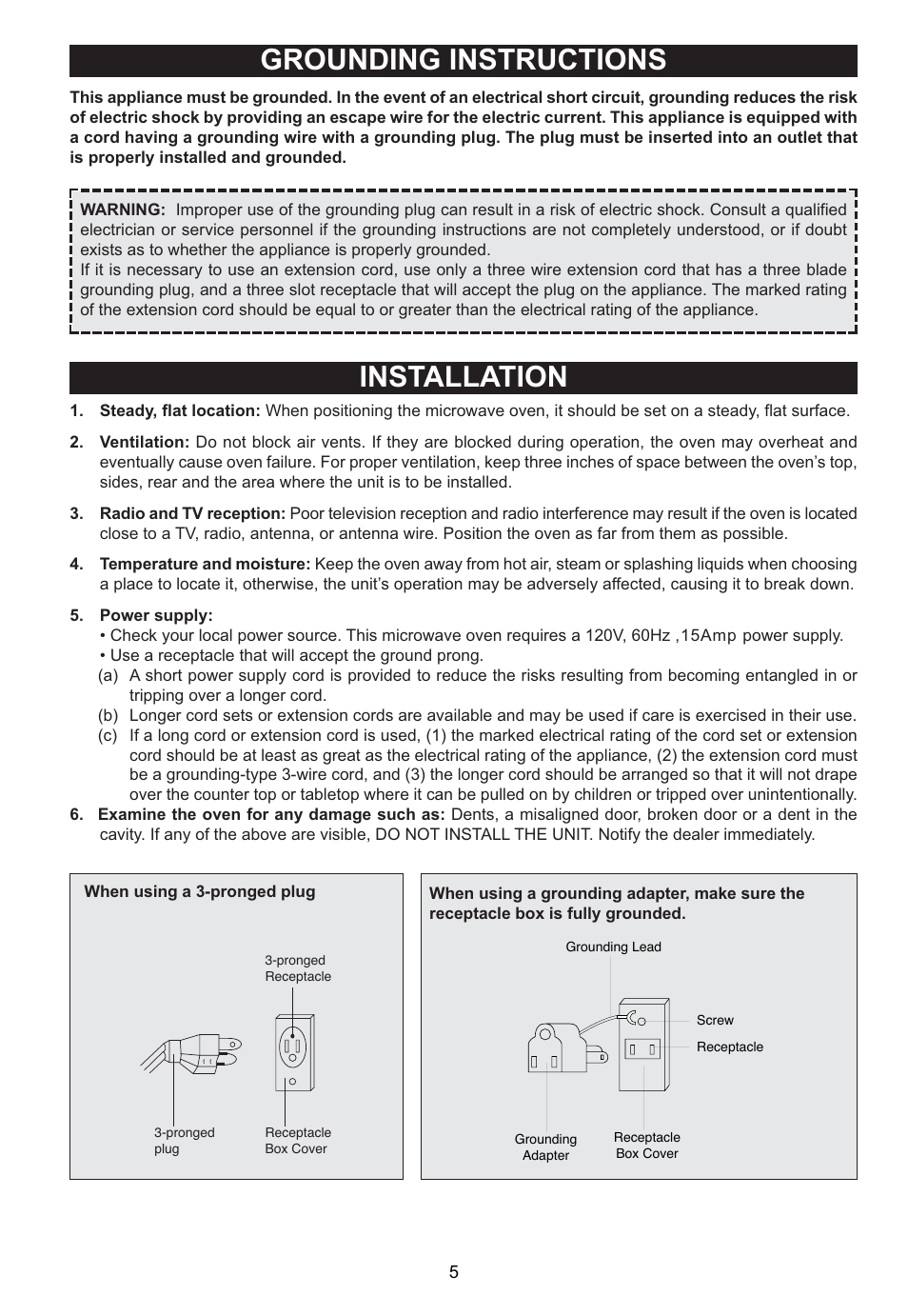 Grounding instructions installation | Emerson MWG9115SL User Manual | Page 6 / 30