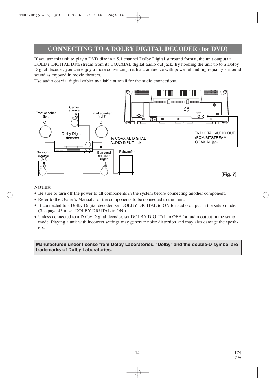 Connecting to a dolby digital decoder (for dvd) | Emerson EWC19T4 User Manual | Page 14 / 56