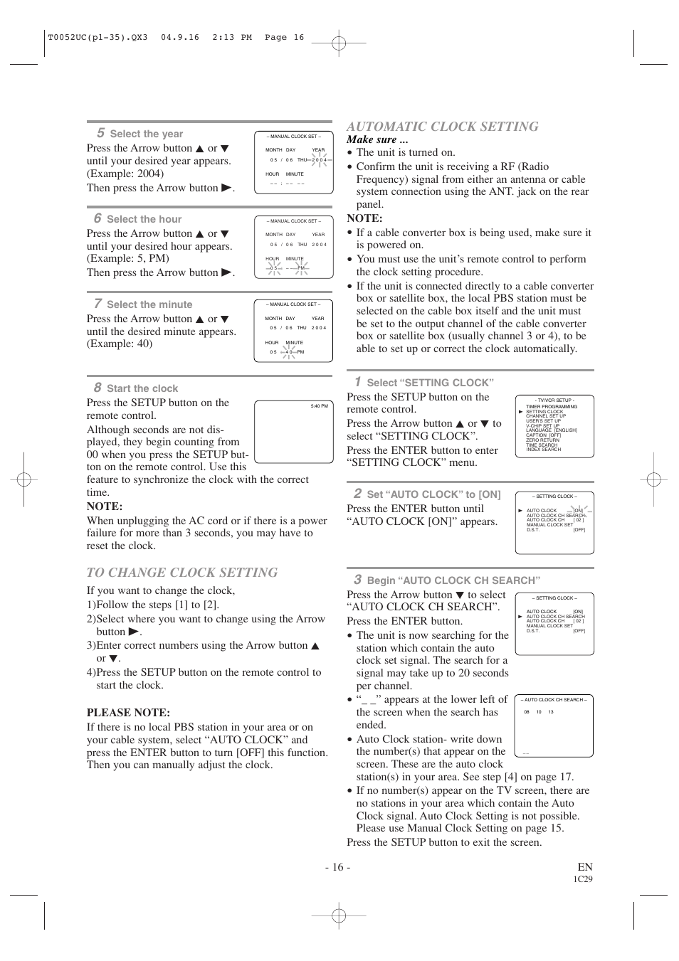 Automatic clock setting, 16 - en, Make sure | The unit is turned on | Emerson EWC19T4 User Manual | Page 16 / 56