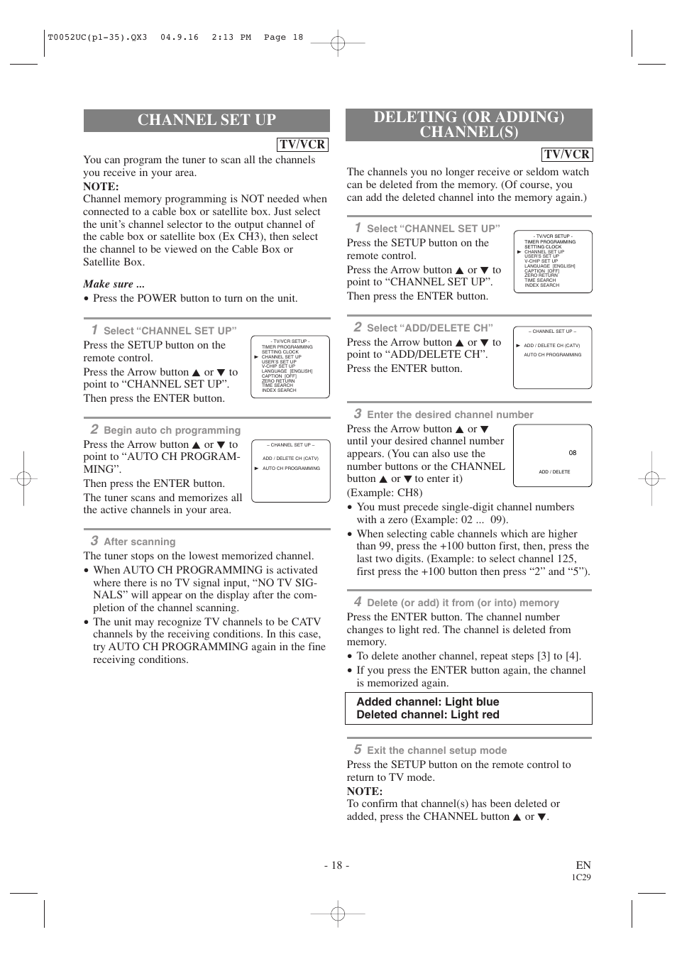 Channel set up, Deleting (or adding) channel(s) | Emerson EWC19T4 User Manual | Page 18 / 56