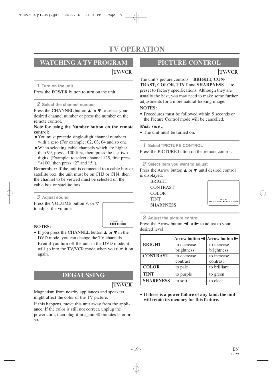 Tv operation, Degaussing, Watching a tv program | Picture control | Emerson EWC19T4 User Manual | Page 19 / 56