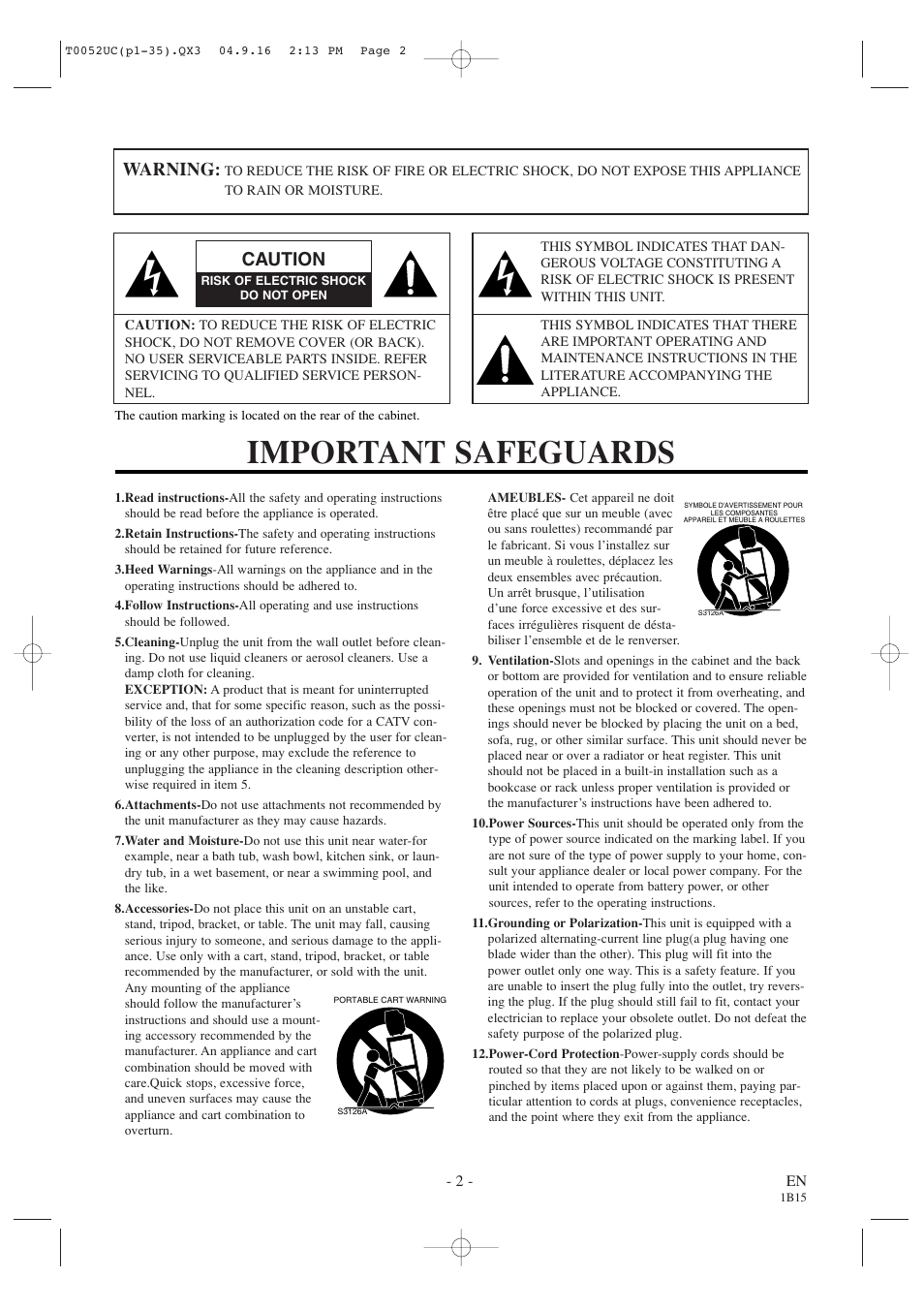 Important safeguards, Warning, Caution | Emerson EWC19T4 User Manual | Page 2 / 56