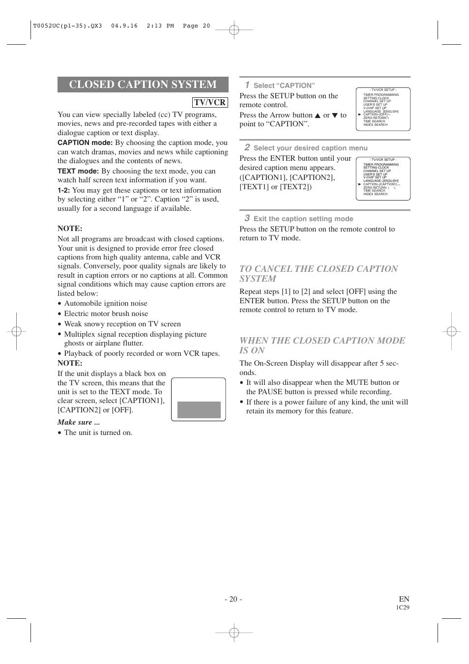 Closed caption system, When the closed caption mode is on | Emerson EWC19T4 User Manual | Page 20 / 56