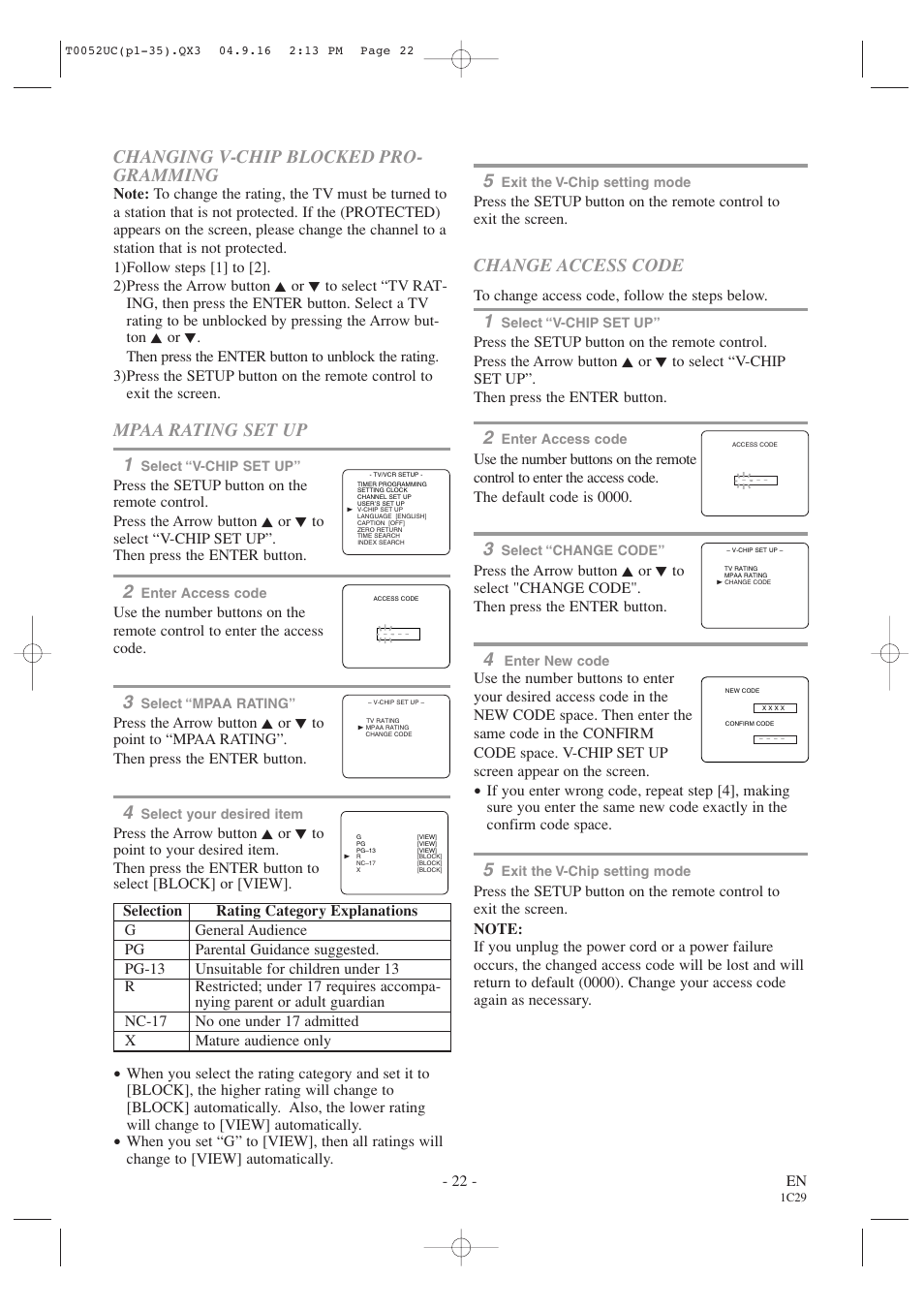 Changing v-chip blocked pro- gramming, Mpaa rating set up 1, Change access code | Emerson EWC19T4 User Manual | Page 22 / 56