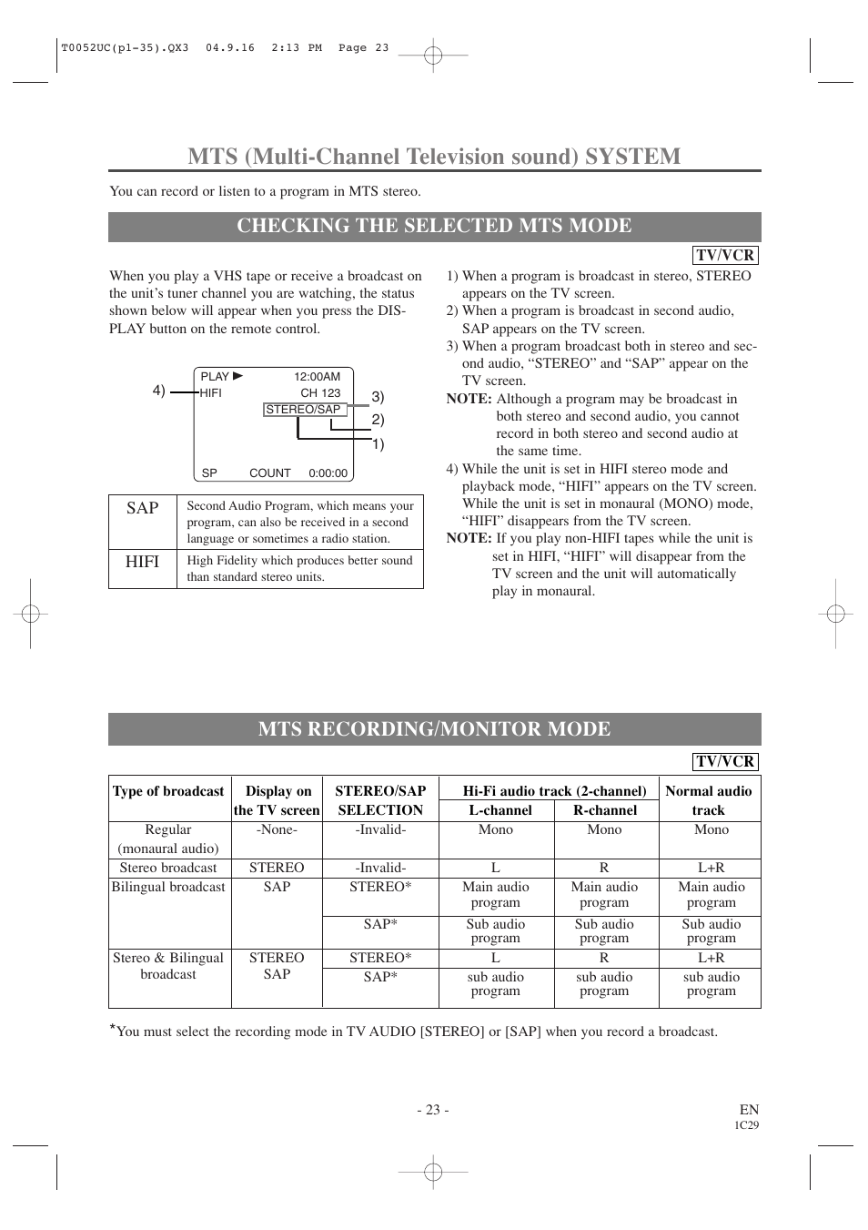 Mts (multi-channel television sound) system, Checking the selected mts mode, Mts recording/monitor mode | Emerson EWC19T4 User Manual | Page 23 / 56